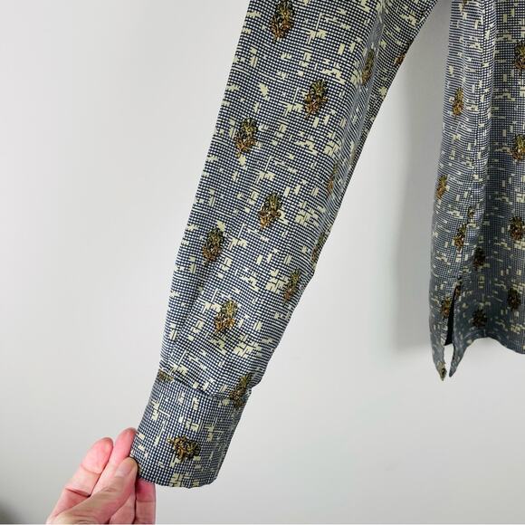 Vintage blue tan floral cottagecore checked satin button front shirt top medium - Picture 6 of 6